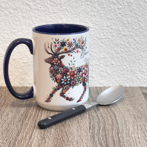 Custom Made Floral Deer Ceramic Mug (15 oz) - Picture 2 of 5